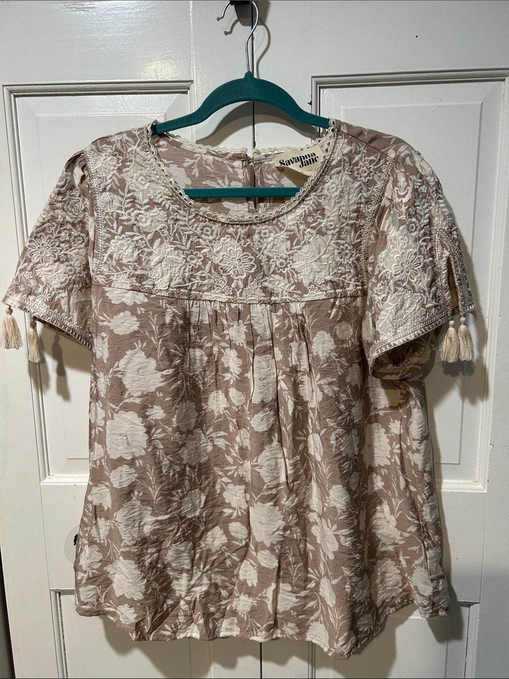 Savanna Jane Cream and Taupe Floral Lace Tassel Blouse